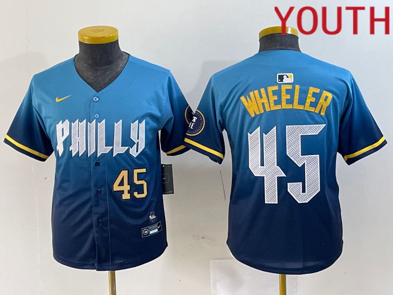 Youth Philadelphia Phillies #45 Wheeler Blue City Edition Nike 2024 MLB Jersey style 3